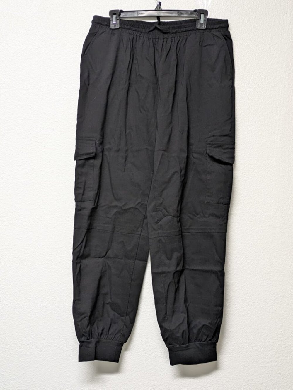 Women's Black Drawstring Ankle Cuffed Utility Cargo Jogger Trouser Pants